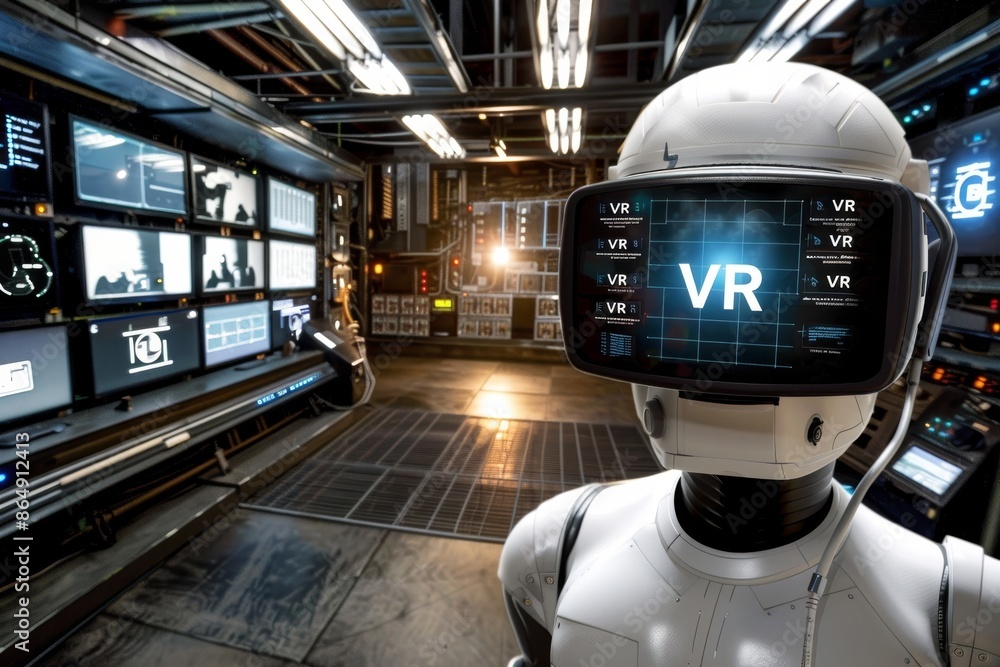 Poster futuristic vr robot in a high-tech lab, showcasing advanced virtual reality technology and innovativ