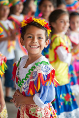 Fototapeta premium Children participating in a cultural dance performance, wearing colorful traditional Hispanic costumes