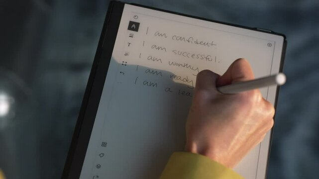 Woman writing affirmations on a digital tablet notebook, journaling