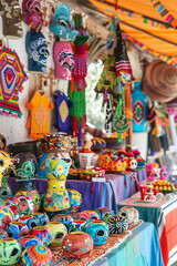 Hispanic artisans showcasing handmade crafts and art at a cultural fair, celebrating heritage and creativity