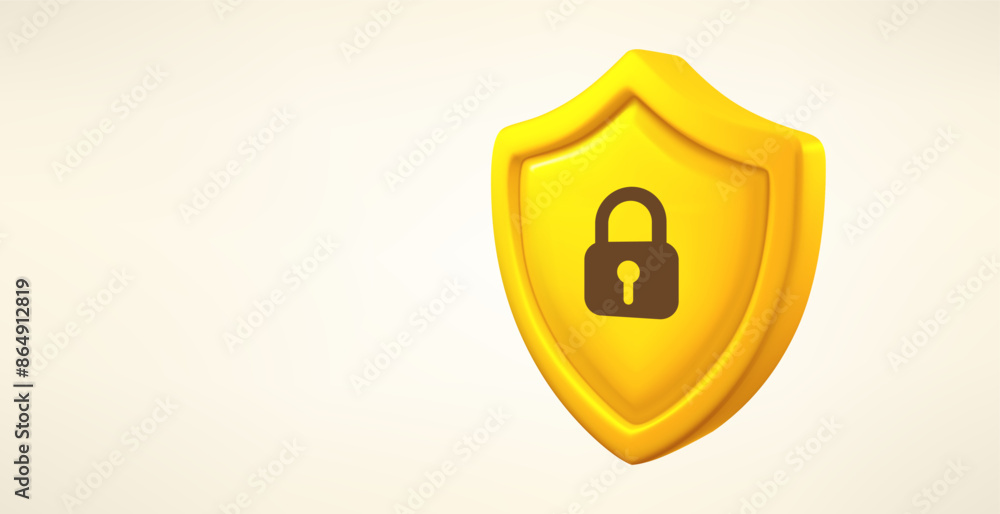 Poster Yellow shield with lock sign isolated on white background. 3d vector banner with copy space