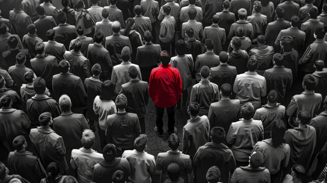 Colored man standing out from large crowd of black and white people. Stand out from the crowd concept.
