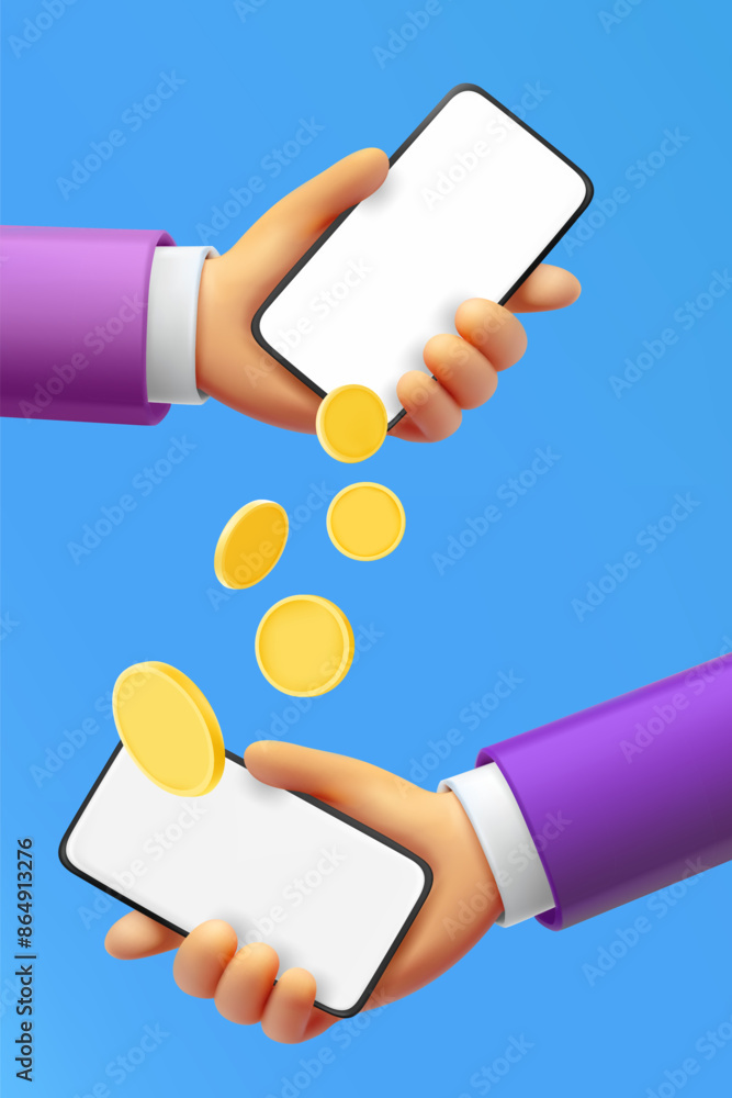 Poster sending money to friend via smartphone. 3d vector illustration