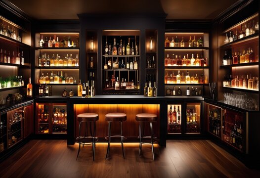 stylish home bar featuring craft liquors spirits collection, pub, artisanal, alcoholic, beverages, drinks, assortment, establishment, homemade, selection