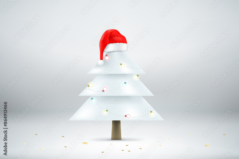 Wall mural christmas tree with garland and santas hat. 3d vector banner with copy space