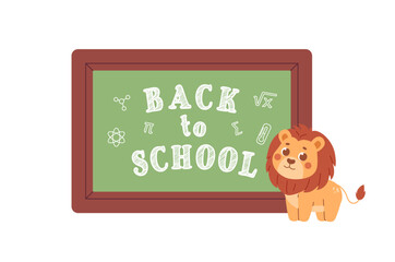 Childrens cute character. Animal back to school illustration. Lion with school board. 