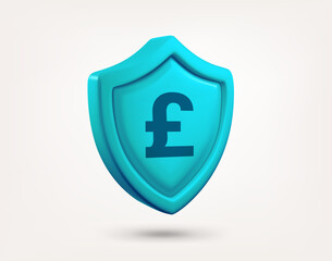Blue shield with GBP currency sign isolated on white background. 3d vector illustration