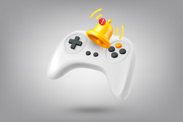 Gamepad and notification bell. 3d vector illustration