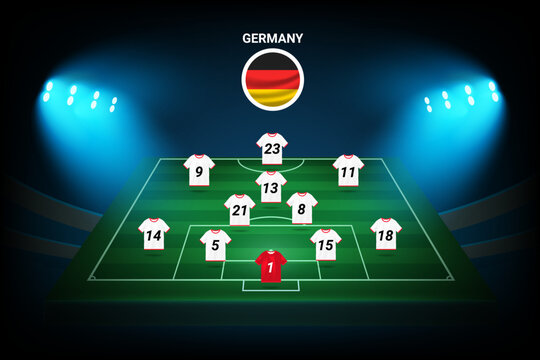Germany football team formation template. Illuminated football stadium with players numbers. Vector template