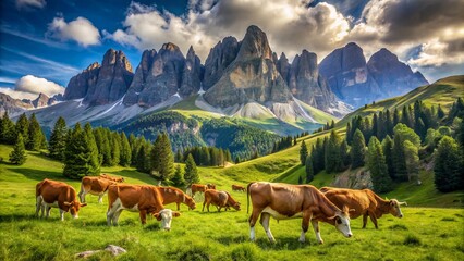 Obraz premium Majestic brown cows grazing peacefully in lush green meadows surrounded by majestic rocky peaks of Dolomites mountain range Italy.