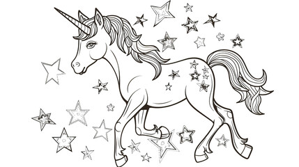 Cartoon unicorn with stars, outlined for coloring, on a white background.