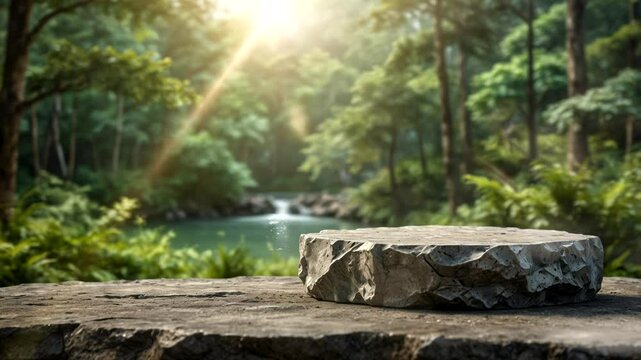 Stone product presentation podium with natural background of forest and river