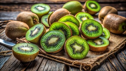 A vibrant arrangement of whole and sliced kiwi fruit on a rustic wooden table, emphasizing natural textures and green hues.