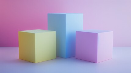 Obraz premium Three pastel colored cube podiums on pink background for product photography, branding, or presentation. Concept of minimalist design.