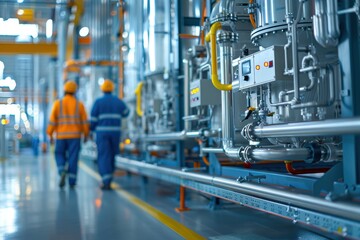 Industrial Facility with Pipes and Workers in Blur