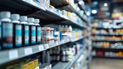 View of pharmacy shelves full of medicine bottles.