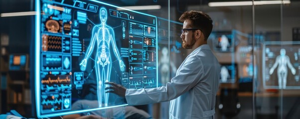 Doctor conducting full body scan on patient with futuristic digital screens, health checkup, medical technology