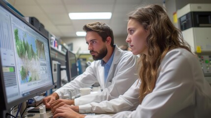 Fototapeta premium Ecology laboratory team using GIS technology to map ecosystems, spatial analysis, environmental research