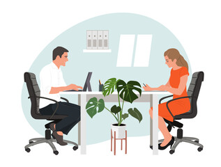 Office work scene. Colleagues, company workers  working together in comfortable workplace, modern office with furniture, laptop computer, potted plant. Flat graphic vector illustration.