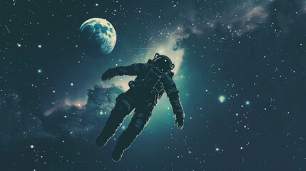 A spaceman floating in space, wearing a futuristic suit, surrounded by stars and the moon.