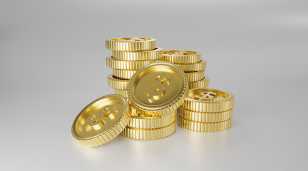 Realistic Gold dollar coins stack isolated white background, concept business finance, saving, exchange, currency trading, deposit, financial growth, copy space for web banner 3d render illustration.