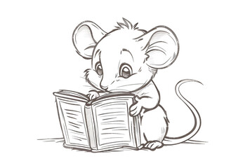 Cute cartoon mouse reading a book, outlined for coloring, on a white background.