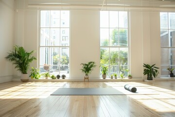 Fototapeta premium Sunlit Studio with Yoga Mat and Plants
