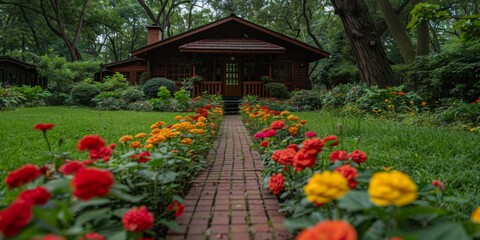 Obraz premium Wooden garden house, a small cozy cottage on your own plot among the trees for a secluded weekend getaway