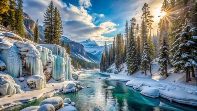Majestic frozen landscape featuring towering ice walls, snow-draped spruce trees, and a serene frozen river flowing through the valley.
