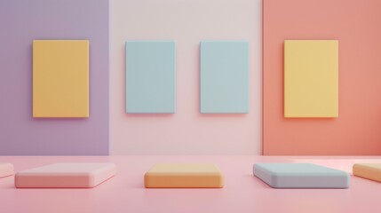 Colorful rectangular platforms against pastel wall background.