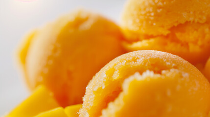Lush tropical mango and papaya sorbet, a closeup of lush tropical mango and papaya sorbet, vibrant orange and yellow, set against a white background
