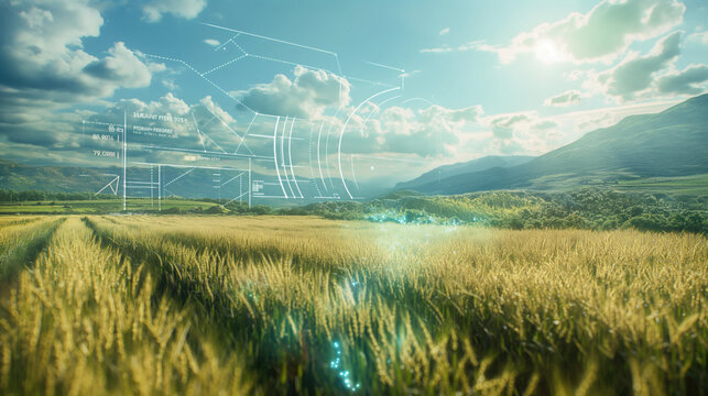 Wheat field with digital overlay. Wheat field with holographic data visualization, highlighting advanced farming techniques. Concept of smart agriculture and precision crop management.
