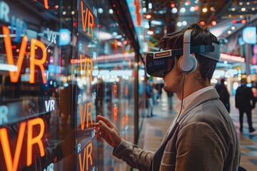 Fototapeta premium Group of Friends Enjoying VR Gaming in Futuristic Arcade, Neon Lights, High-Tech Entertainment, Social Experience