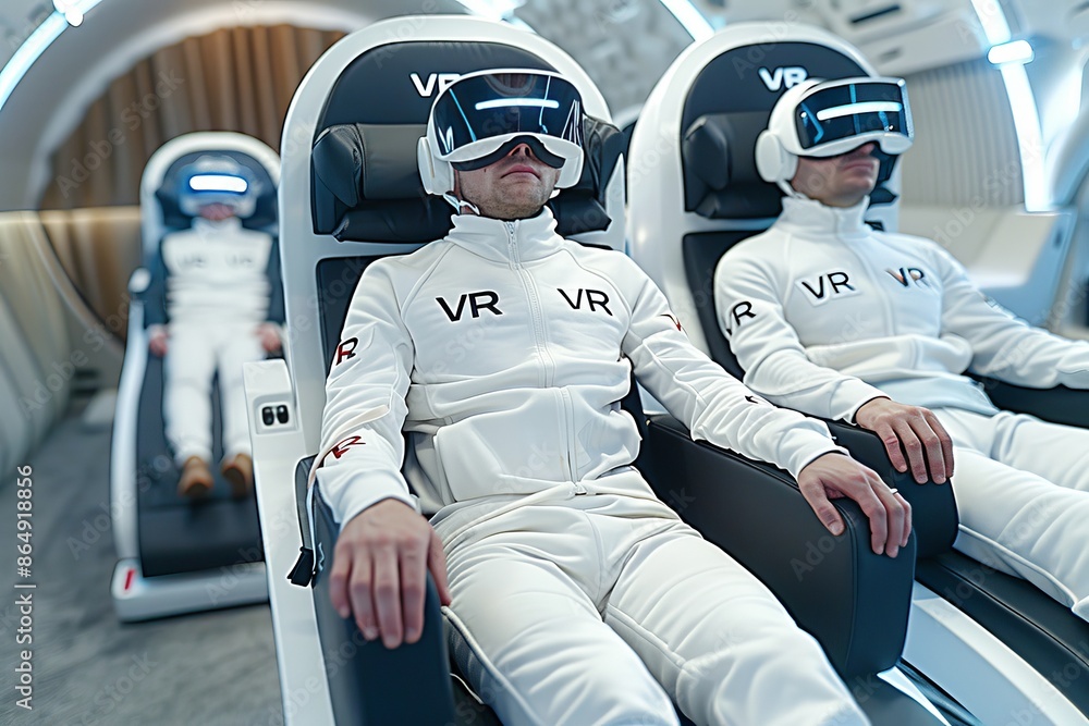 Poster group of astronauts in vr suits exploring space simulations, futuristic technology in white spacesui