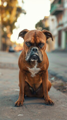 Obraz premium A serious frowning boxer brown dog is sitting on the sidewalk