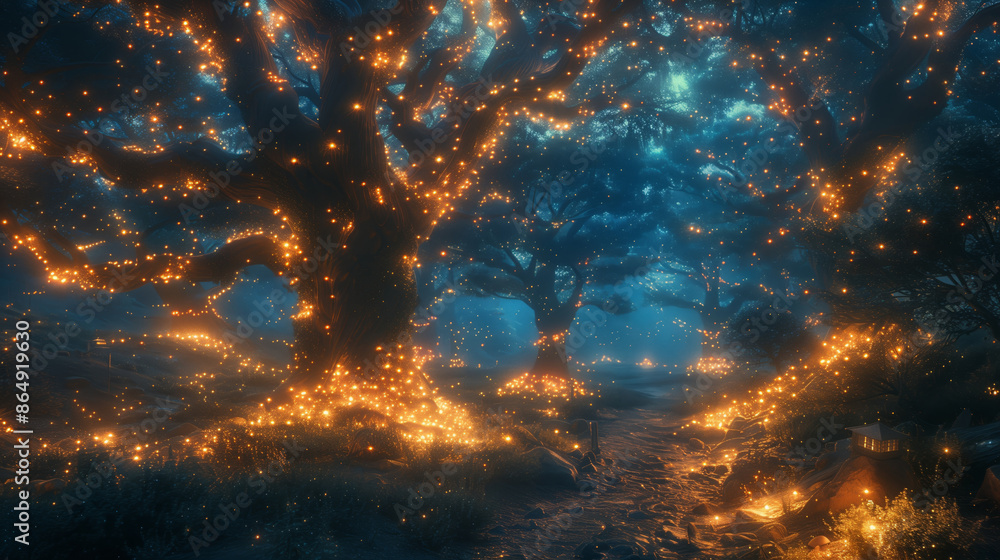 Aufkleber a single figure walks along a path in a magical forest, illuminated by glowing lights on the trees.