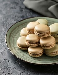Colorful french macarons in plate