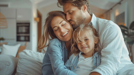 Obraz premium Joyful parents embracing their young daughter, capturing a heartwarming family moment full of love and laughter in their bright living room