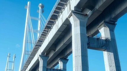 A multi-span cable-stayed bridge against a blue sky