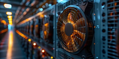 Long rows of cooling tower sets, cooling fans in the data center room