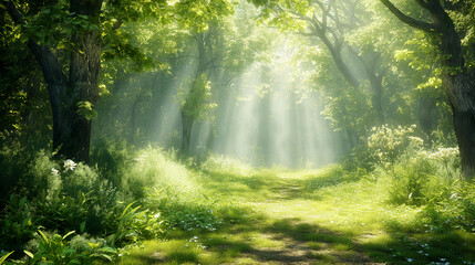 Obraz premium Sunlit Path in a Lush Green Forest. Generative AI 