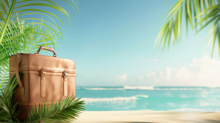 Obraz premium Briefcase on a sandy beach under palm leaves. Copy space. Generative AI 