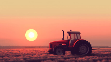 Fototapeta premium Red Tractor In Misty Wheat Field Under Soft Pink Sunrise