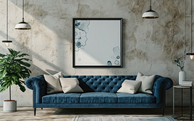 Elegant living room design showcasing a blue sofa near houseplant and table, Stylish hanging lamp and abstract picture frame against a grey concrete wall