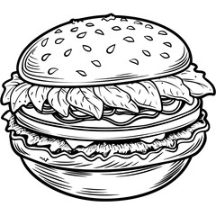 a hamburger is shown in a black and white drawing