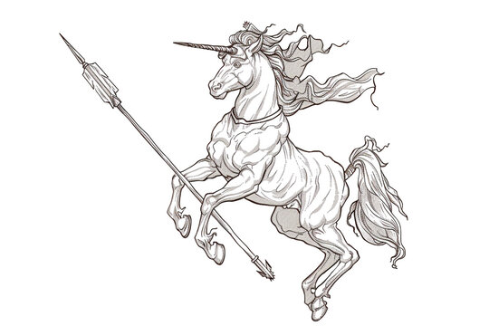 recommend clip art: Sketch outline of a centaur with a spear, outlined for coloring, on a white background.