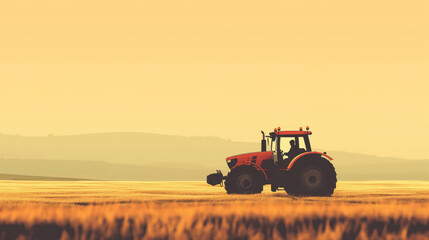 Fototapeta premium Red Tractor In Expansive Field Under Yellow Sky At Sunrise