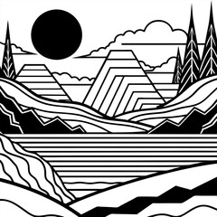 a black and white drawing of a mountain range