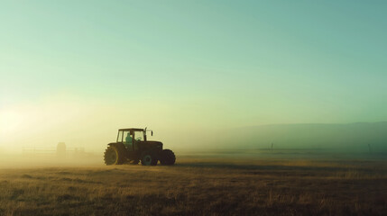 Fototapeta premium Red Tractor In Misty Field Under Gentle Morning Sunlight