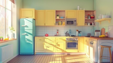 interior illustration in cartoon style. Bright colors, empty room scene for game background